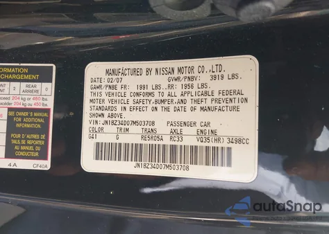 2007 Nissan 350Z Enthusiast z USA, uszkodzony, nr VIN JN1BZ34D07M503708